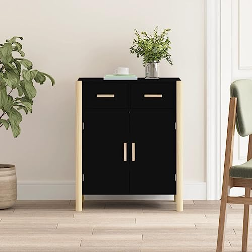 Nqyjm Förvaringsskåp med 2 lådor och 2 buffédörrar svart 62 x 38 x 75 cm tekniskt trä sidoskåp matbord för kök, vardagsrum, sovrum