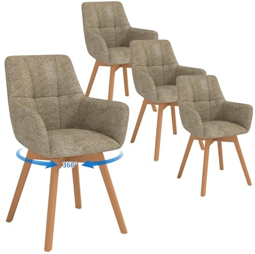 LEWE Esszimmerstühle Drehbar 4er Set mit Armlehne und Holzbeinen, Braun | 360°Drehstuhl, Polsterstuhl mit Ergonomische Stoffrückenlehne, Stühle für Esszimmer, Küche, Wohnzimmer, Schlafzimmer