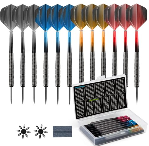 HUANQU 12 Pack Steel Tip Darts, 18g Darts Set with 4 Style Poly Flights With 8 Flight Protectors, Sharpening Stone & Storage Case, Ideal For Beginners, Home, Pub & Office Indoor Casual player Dart Set