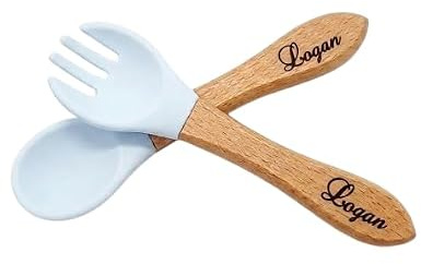 Ensemble couverts gravé - cuillère et fourchette pour enfant - bois et silicone - personnsalisé (plusieurs coloris disponibles) (Bleu ciel)