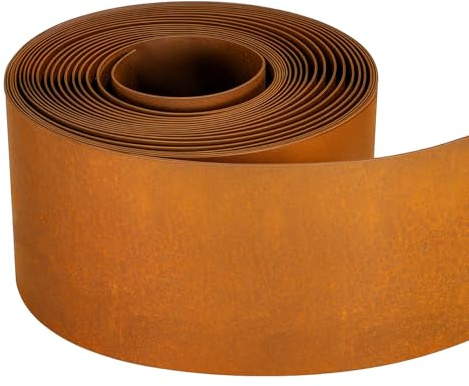 Toemics Rasenkante aus Cortenstahl 10 m - Beeteinfassung aus Metall 15 cm hoch - Einfache Montage - Beetumrandung mit Rost, 1 Paar Montagehandschuhe inklusive (10m × 15cm × 0.3mm)
