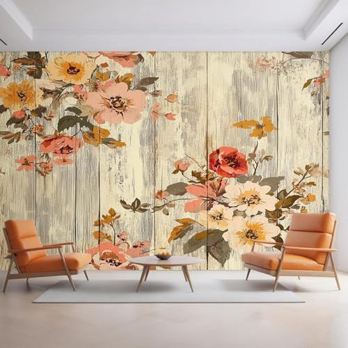 XLMING Retro Woodgrain Hand Painted Plants Flowers 3D Wallpaper Luxury Home Dining Decor Paste Sofa Living Room The Wall for Bedroom Mural-250cm×170cm
