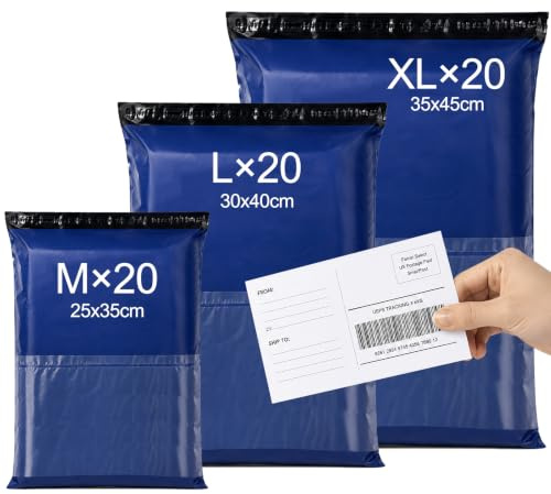 Brysalis 60 Piezas Bolsas para Envíos Autoadhesivo, Opacas Sobres para Envio de Ropa, Sobres Embalaje Libros Impermeables, Bolsas Sobre Correo Plástico para Regalos, Embalar(Azul, 3 Tamaños, M/L/XL)
