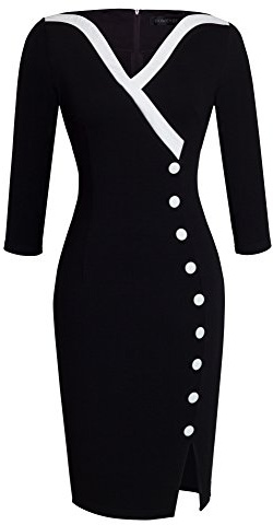 HOMEYEE Frauen Elegante V-Ausschnitt Big Button Hem Spalte schlanke Bodycon Casual Vintage Kleid B335(EU 38 = Size M,Schwarz)