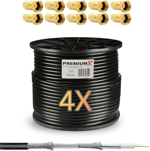 Premium X BASIC SAT Koaxialkabel 400m Schwarz - Stahl/Kupfer Innenleiter - 5-fach geschirmt - TV Antennenkabel für Innen & Außen (UV/wetterfest) inkl. 10x F-Stecker | HDTV · UHD · 4K · 8K