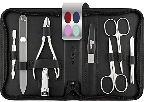 marQus Solingen Maniküre Set mit Nagel-Zange und Glasfeile 8 teilig - Nagelset in hochwertigem Lederetui - Vollwertiger Kit für Frau und Mann, Schwarz