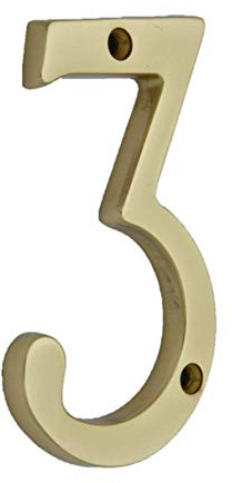 QCAA Traditional Heavy Solid Brass House Number 3, 4, Polished Brass Lacquered, 1 Pack, Made in Taiwan