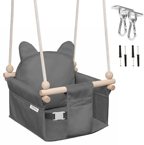 MAMOI Kinderschaukel mit Sicherheitsgurt, höhenverstellbar 150–190 cm, Schaukel für den Innenbereich, stabile Konstruktion, Velours-Sitz, einfache Montage, Innenschaukel für Kinder
