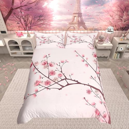 Cherry Blossoms Duvet Cover Set Sakura Flowers Branch Comforter Cover Pale Pink Bedding Set For Girly Girls Teens Kids Child,Japanese Spring Quilt Cover Double Size 1 Duvet Cover With 2 Pillow Shams