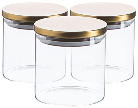 Argon Tableware Scandi Storage Jars with Metallic Gold Lids - 550ml - 3 Pack - Modern Round Organisation Container Glass Jar for Kitchens, Pantry, Bathrooms, Utility Rooms