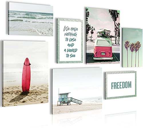 Novart Wandbilder Strand Urlaub - KOMPLETT AUFHÄNGFERTIG - Mit Spruch Wohnzimmer Schlafzimmer - 7 Moderne Mood-Bilder - N014171a