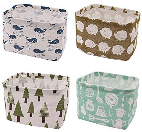 YUNSHANGHE 4 cestas de almacenaje de tela, para niños, de lino pequeño, plegable, con 2 asas, para almacenamiento de escritorio y organizador del hogar, 20 x 16 x 14 cm (árboles, animales)