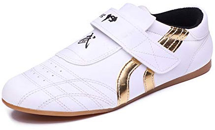 MENG Taekwondo Schuhe, Atmungsaktiv Kampfsport Turnschuhe, Sport Boxen Kung Fu Taichi Leichte Schuhe for Erwachsene und Kinder (Color : Gold, Size : 45)