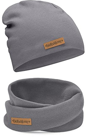 Bubalove - Kinder-Mütze mit loopschal Unisex czapka Elastan Frühling Herbst (Anthracite, 42-48 cm)