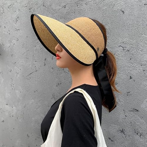 PTNKUIIY Sonnenhut Damen, Faltbarer Strohhut mit großer Krempe Sommer Sonnenschutz Sport Bowknot Strandhut Atmungsaktiv UPF 50+ UV Schutz Sommerhut für Urlaub und Strand Wandern Camping,Braun