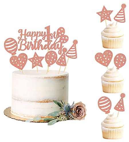 Blumomon 25Pcs Assembled Rose Gold Glitter Happy 1st Birthday Cake Toppers Baby Boy Girl First Birthday Cake Decorations with Balloon Star Heart Cupcake Toppers for 1st Birthday Party Supplies