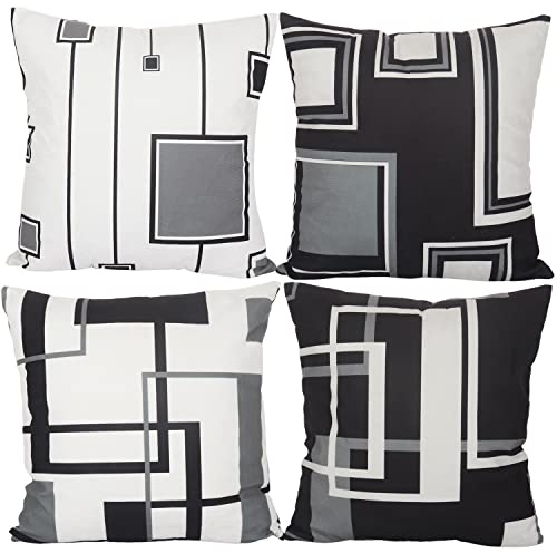 Aoihrraan 55x55cm 4er Set Dekorativ Kissenbezug Schwarz Weiß Modern Geometrisch Muster Weicher Plüsch Quadratischer Kissenbezug Bett Wohnzimmer Draussen Balkon Terrasse Patio Stuhl Garten Sofá