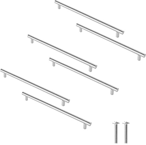 Cjueiom Brushed Nickel Cupboard Handles, 160mm, 250mm Length, 6 Pack | T Bar Handles, Stainless Steel, Drawer Long Wardrobe Door Pulls, Kitchen Cabinet for Bedroom