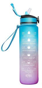 Sports Bottle 1L BPA Free Plastic Bottle With Strew and Time Marking, Leak-Proof, Blue & Purple