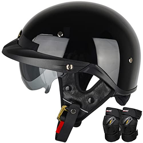 Casco Moto Mezzo Viso, Metà Aperto Faccia Casco Motociclo Con Occhialoni Ginocchiere, Casco Jet Vintage Demi Caschi Cromwell Omologato DOT/ECE Casco Scodella Uomini Donne,Nero Brillante-3XL(65~66cm)