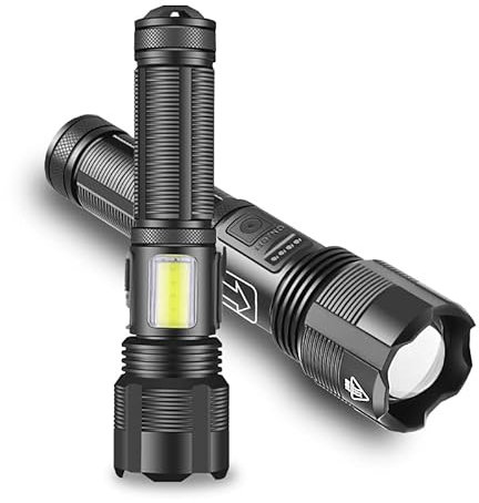 MODOAO Lampe torche LED 2000 super lumineuse, lampe de poche LED COB latérale, résistante à l'eau, 6 modes, zoomable, petite Torche LED pour camping, promenade du chien, course à pied, urgence