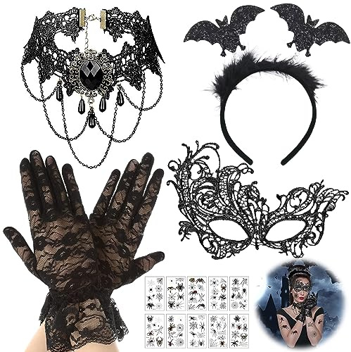 Halloween Lace Zubehör, Halloween Damen Lace Set, Fledermaus Haarreife Halloween Haarreif, Schwarze Spitze Maske mit Spinne Tattoo für Halloween Gothic Kostüm Maskerade Damen Kostüm Accessoire