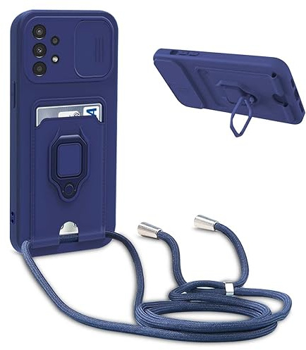 BGHHEU Handykette Schutzhülle kompatibel mit Samsung Galaxy A51 4G Handyhülle mit Band,Schiebe Kameraschutz,360 Grad Ringhalter Stand,Kartenfach,Verstellbarer Halskette Silikon hülle - Blau