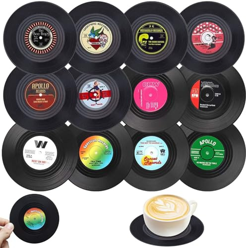 ZYNERY 12Stk Vinyl Schallplatten Untersetzer - Retro Record Glasuntersetzer für Gläser und Getränke - Nostalgische Mode, Rutschfest und Verbrühsicher
