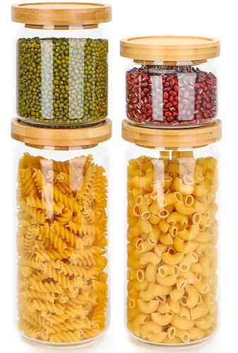 Avmvnvc Tarros de Cristal con Tapa, Juego de 4 Frascos de Vidrio con Tapa de Bambu, Botes Cocina Almacenaje Transparente, 2x1000ml+1x500ml+1x280ml Botes de Cristal para Pasta, Cereales, Granos de Café