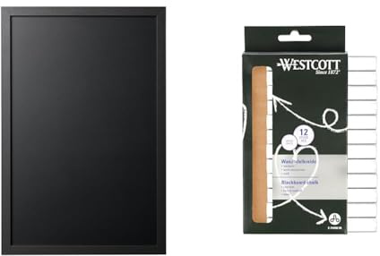 Bi-Office, Blackboard Back2Chalk Essentials, Kreidetafel mit Schwarz Matt MDF Rahmen, 60x40cm & Westcott Kreide 12 Stück Weiss | 12er Pack Tafelkreide mit 1,2cm ⌀ in deckendem Weiss