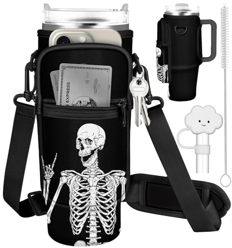 Water Bottle Holder Carrier Bag for Stanley Cup 40 oz Water Bottle Sling Pouch with Adjustable Shoulder Strap Phone Pocket Clouds Straw Cover Cleaner Brush for Walking Travel Hiking Gym（Funny Skull）