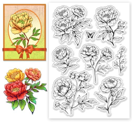 CHGCRAFT Silikon Stempel Pfingstrose Blume Stempel Transparente Stempel Clear Stamps Stempelset für DIY Scrapbooking Journaling Fotoalbum Dekorative Geschenkanhänger Kartenherstellung, 4.3×6.3 Zoll