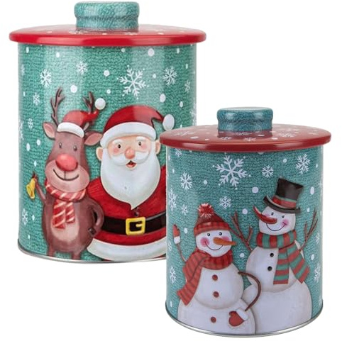 VFM e-Store - Christmas Biscuit Tin Xmas Themed Designs Santa Or Snowman X 1 Stocking Filler Xmas Present Celebration Festive Winter Ornaments - 15. 5cm Christmas Themed