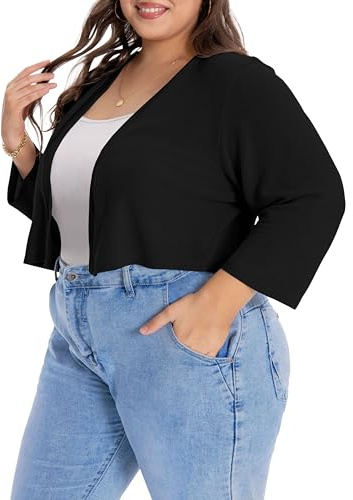 Damen-Bolero, Übergröße, bauchfrei, halbe Ärmel, vorne offen, Schwarz , 4XL