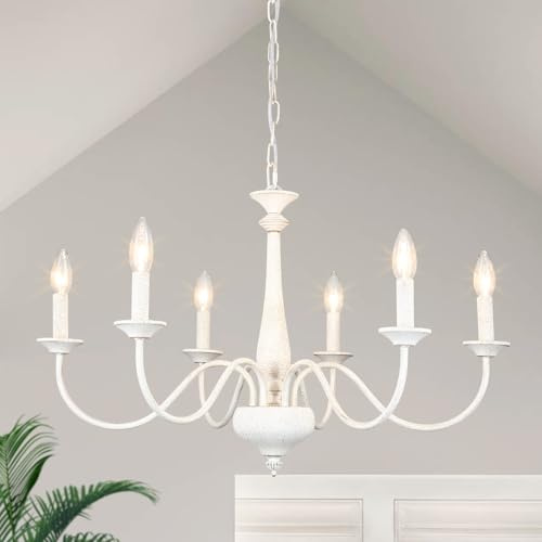 ASHUAQI Kronleuchter Vintage Weiß, 6 Flammig Französische Landhaus Esstisch Pendelleuchte, Rustikal Bauernhaus Retro Deckenleuchte Hängend Lampe für Wohnzimmer, Schlafzimmer, Esszimmer, Küche