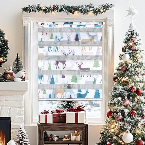 Deswell Doppelrollo mit Muster Weiß-Elch B40 x H120 cm (Stoffbreite 36cm), Doppelrollo Klemmfix ohne Bohren mit Motiv, Duo Rollos für innen Fenster Zebrarollo Fensterrollo für Kinderzimmer