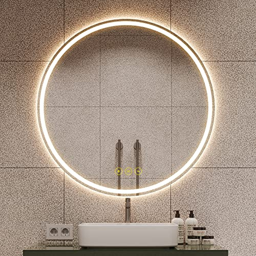 AI-LIGHTING 700 mm rund badrumsspegel med LED-ljus, väggmonterad sminkspegel med demister, 3-färgs dimbar LED, anti-dimvärmare, IP44 vattentät klassificering.