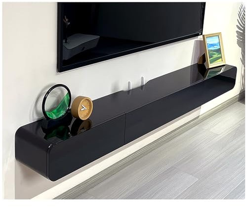 Schwarzer Wandmontierter TV-Konsolenschrank mit Schubladen und Tür, Massivholz, weißes Medienregal für Wohnzimmer, Aufbewahrung, Routerloch und hohle Rückseite für Kabelmanagement