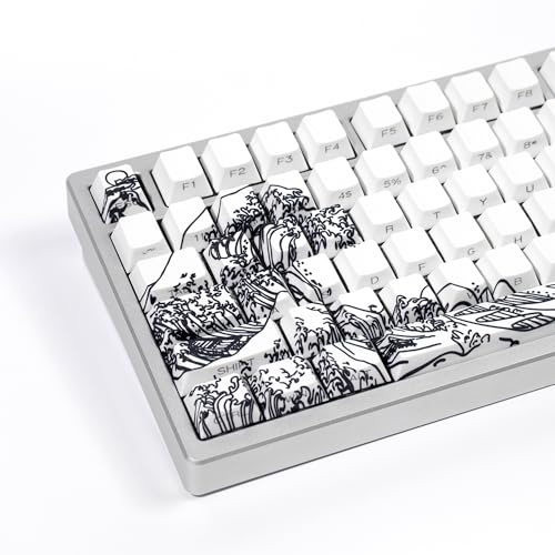 Sumgsn Shine Through Keycaps-PBT White Side Printed Keycap, 128 Keys Cherry Profile Double Shot Keycap, Wave of Kanagawa Custom Keycap Set for Mechanical Keyboard 60% 75% 100% (White)