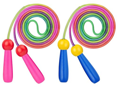 Flintronic 2-pack hopprep i regnbåge, 2,5 m justerbart hopprep för barn, med trähandtag för flickor och pojkar, för utomhusspel, barnfester och födelsedagspresent