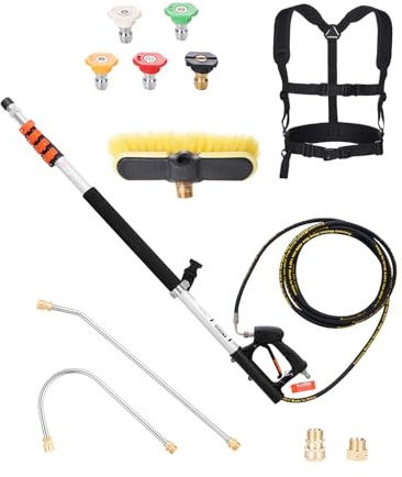 VEVOR Pressure Washer Telescoping Wand, 18 ft, 4000 psi, Telescopic Spray Wand with Power Washer Extension Wands, Gutter Cleaner, Brush Head, 5 Spray Nozzle Tips, Adapter and Adjustable Support Belt