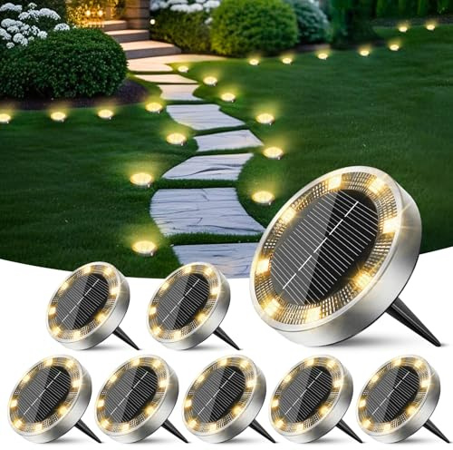 Peasur Solar Ground Lights Outdoor, 8 Pack Flat Solar Powered Disc Lights, IP68 Waterproof, Anti-Rust, Landscape Lighting for Pathway Garden Yard Lawn Walkway Landscape Driveway, Mini, Warm White