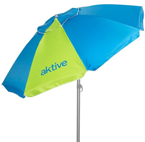 AKTIVE Sombrilla playa 220 cm, 8 varillas fibra de vidrio, Mástil aluminio 28/32 mm, Protección UV50+, Sistema inclinable, Ventilación superior, Funda transporte (62438)
