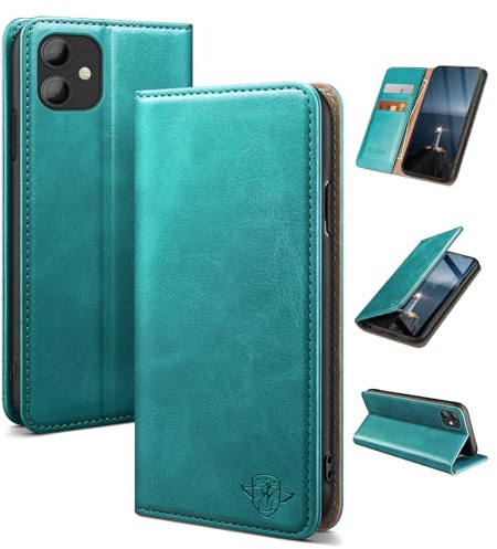 SUANDUCK for iPhone 11 6.1 phone case magnetic leather flip case with RFID-blocking card compartment, adjustable stand and 360° drop protection with Apple 11 Blue Green