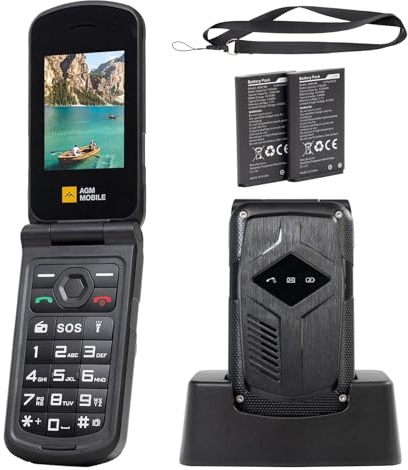 AGM M10 Rugged Basic Flip Phone, 4G Feature Cell Phone, Waterproof & Drop-Proof, Pocket-sized, SOS Button, Speed Dial, Large Fonts & Big Buttons, Charging Dock, 2Pcs Batteries