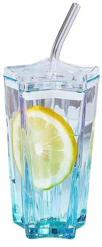 Tzstz Vaso azul con forma de estrella con tapa en forma de estrella y pajita de cristal, 300 ml.