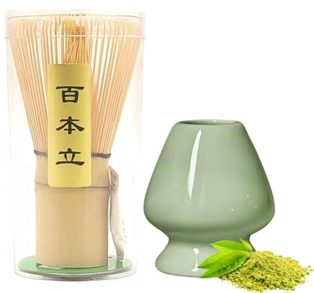 Matcha kit,Matcha Whisk Set with Traditional Bamboo Matcha Whisks and Ceramic Matcha Whisk Holder 2PCS for Making Breakfast/Latte Matcha Making Kit Birthday Gift for Macha Lovers-Green