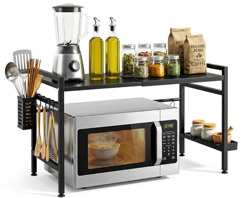 ACTIVE5X Soporte Microondas, Mueble Microondas para Cocinas Pequeñas, Estante Microondas Ajustable de Acero con 8 Ganchos, Soporte para Microondas Encimera Resistente 25 kg Organizador