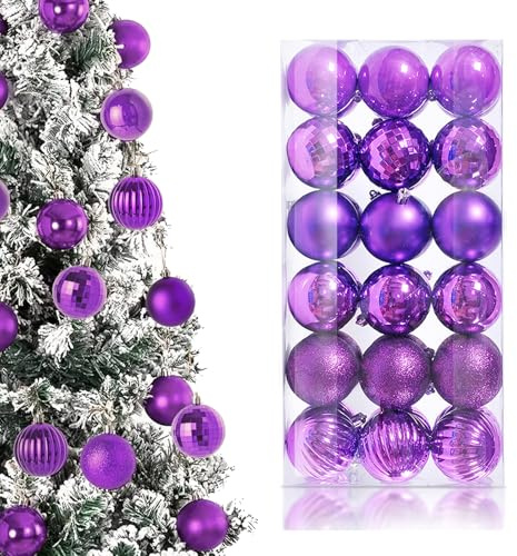 KASESSS 36 Pièces Boule de Noel, Decoration Noel pour Fête, 3cm Boules de Noëls à Suspendre, Incassables 6 Finitions Boule Noels Violet avec Lanière pour Festival, Mariage, Fête Anniversaire, Violet