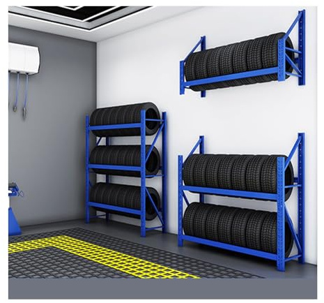 Supporto da parete per pneumatici da garage in acciaio blu, supporto per pneumatici da camion con grande capacità di carico, ideale per officine meccaniche (1-Tier, 150 x 55 x 80 cm)